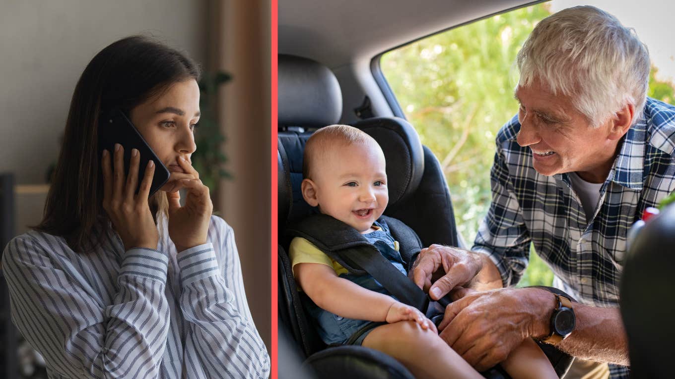 worried mom and grandpa putting baby in car seat