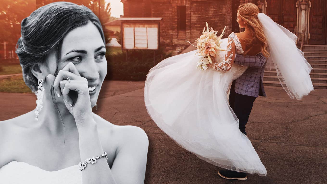 groom carrying woman in wedding dress and bride crying