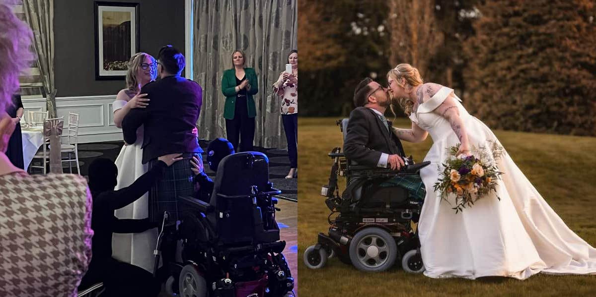 Groom Who Uses Wheelchair Undergoes A Year Of Physiotherapy So That He Can Stand For His First Dance Barry and Emma MacDowell on their wedding day