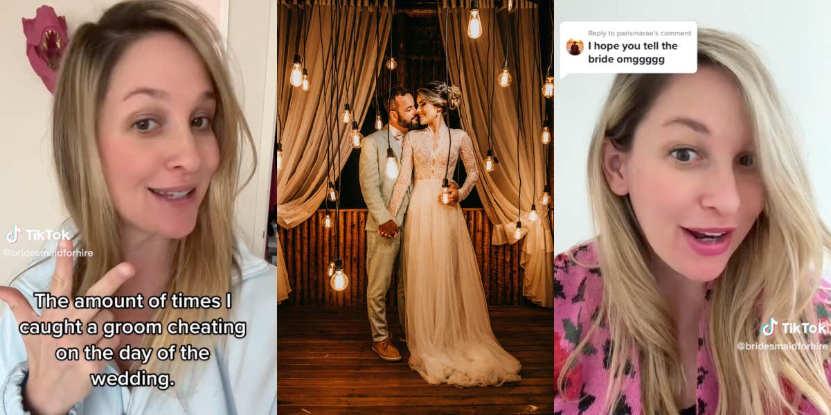 Bridesmaid-For-Hire Says She's Caught Grooms Cheating On Their Wives Before They Were Meant To Walk Down The Aisle Jen Glantz, bride and groom standing under lights