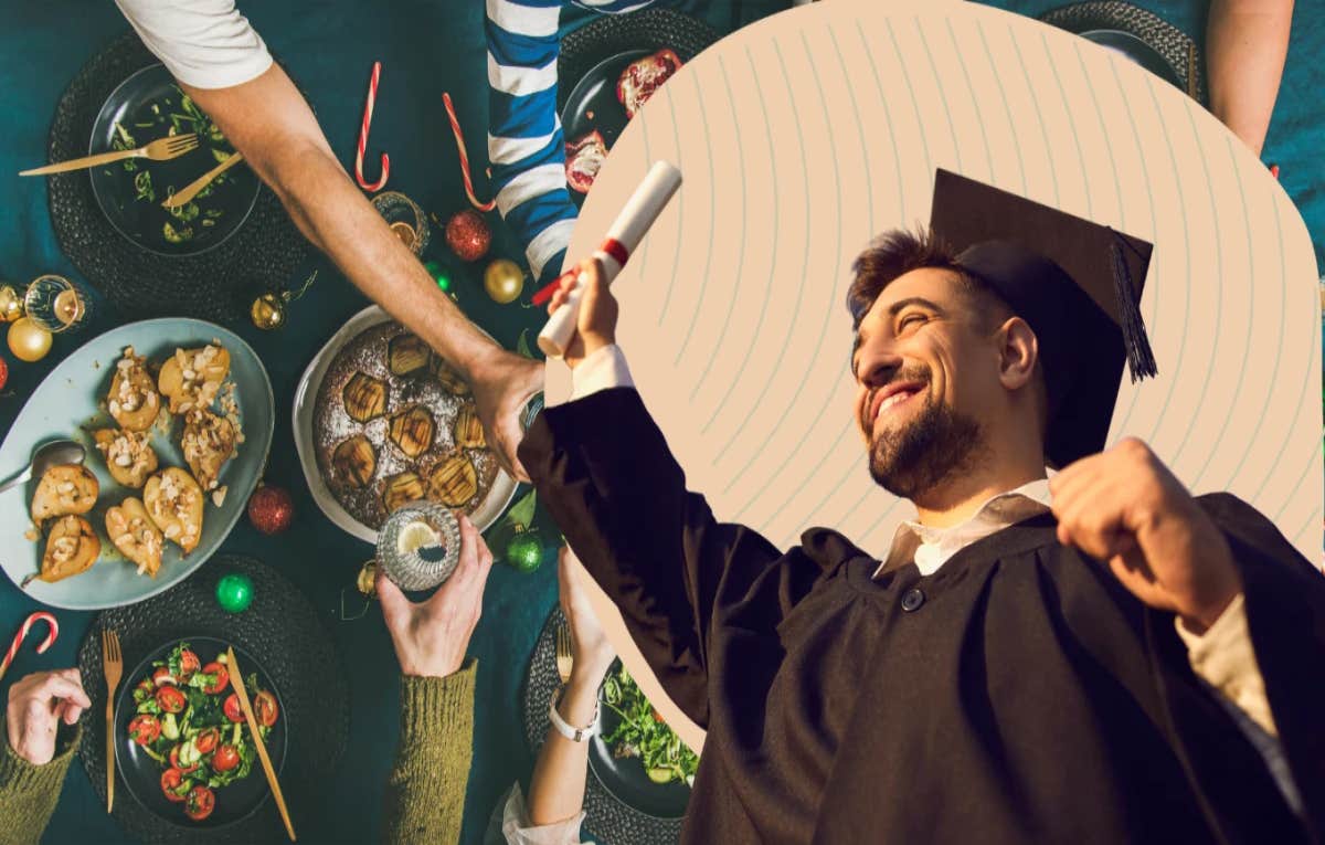 man in cap and gown graduating, family dinner