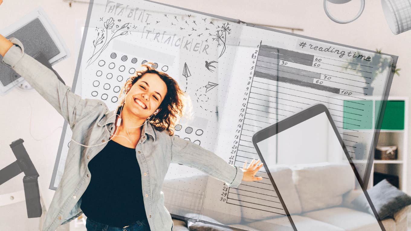 Woman happily stacking daily habits