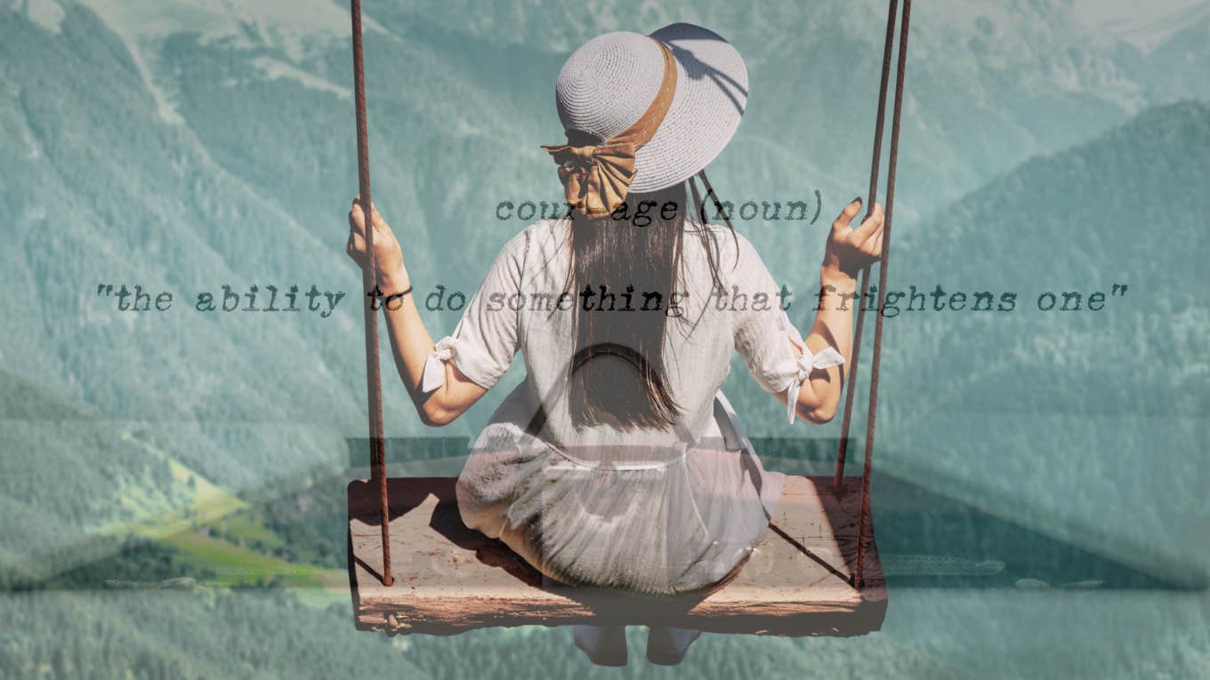 Woman swinging on cliff 
