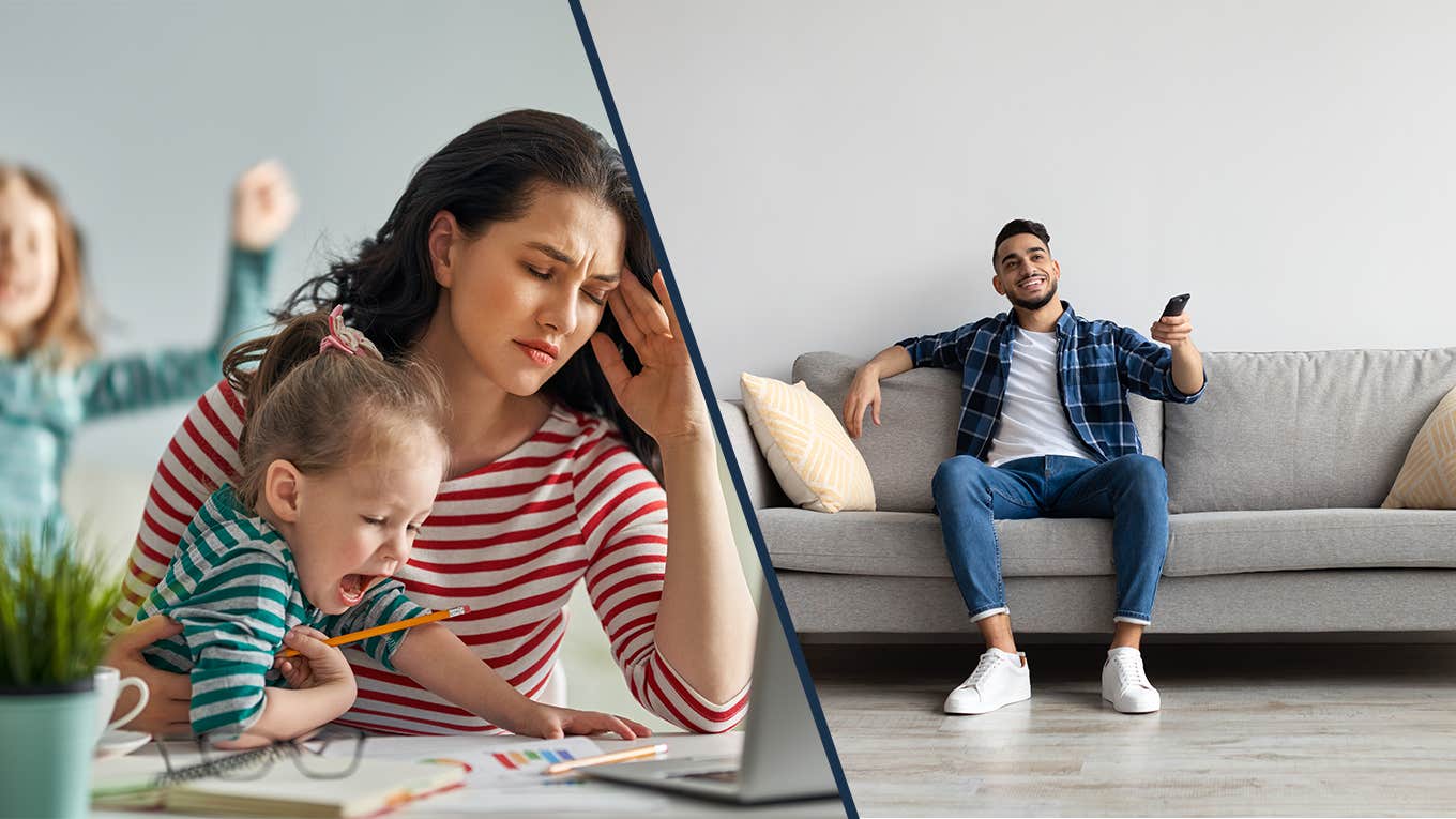 stress woman with kids and man on couch