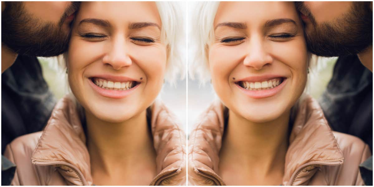 doubled image of a blonde woman smiling while being kissed on the cheek