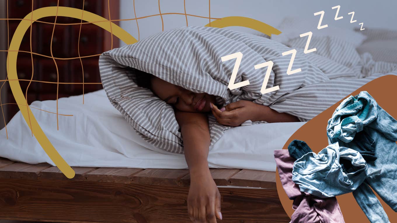 12 Dreamy Health Benefits Of Sleeping Naked, According To Research Woman under covers, clothes on the floor