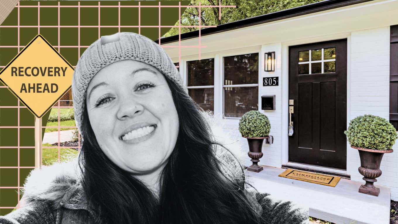 Woman in recovery in front of her home smiling proudly