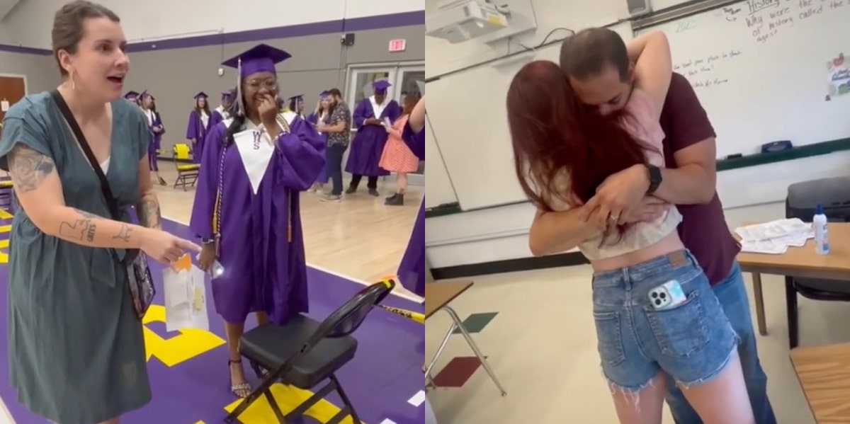 Two students are showing teachers their tattoos