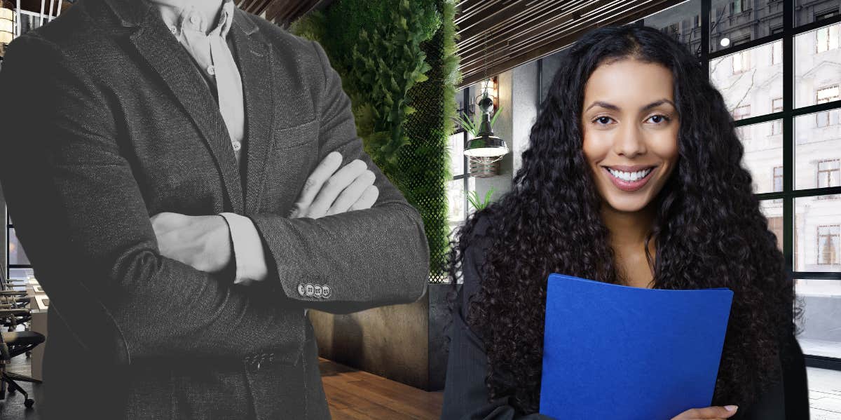 business man with arms crossed, woman smiling while holding blue folder