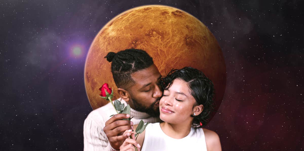 man giving woman rose, planet venus in background
