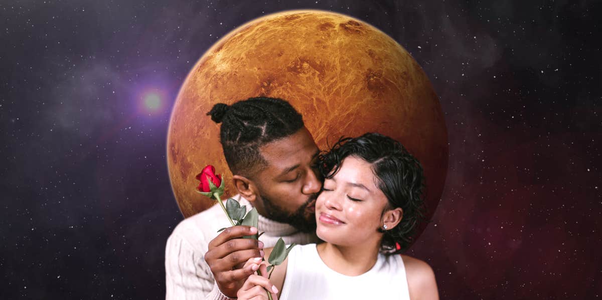 His Venus and Your Valentine's Day man giving woman rose, planet venus in background