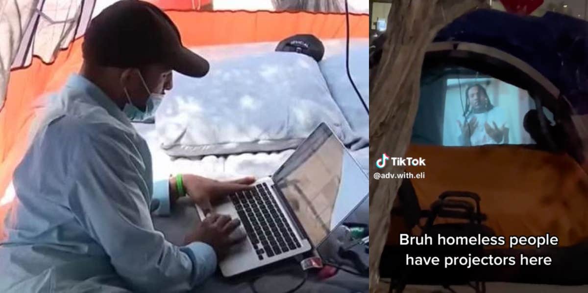 Homeless Man Defends The Big Screen Projector And Sound System Inside His Tent Pedro Rameriz