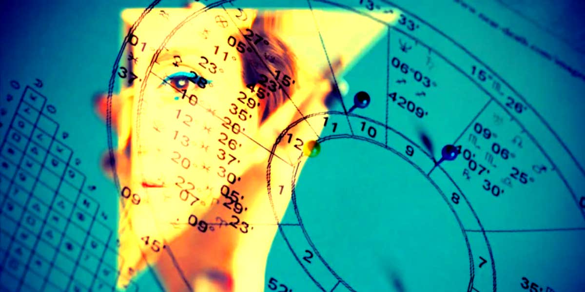 collage image of a blue astrological chart overlaid with a yellow sliver image of a woman's face