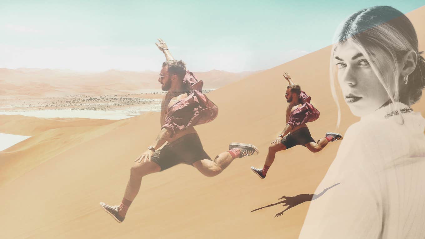 Matchmaker Reveals 5 Horrible Dating Behaviors That Make Men Want To Run Man running away from woman