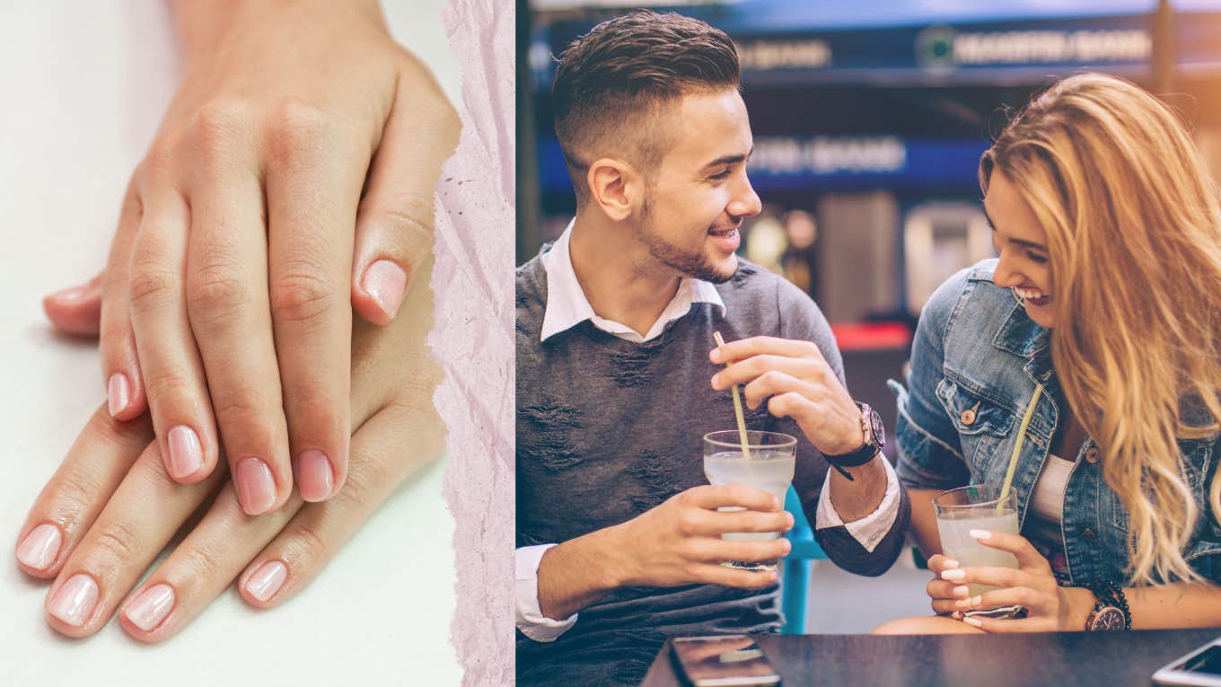 5 Things Men Notice Immediately About A Woman's Hands On The First Date Woman's fingernails and couple on a first date