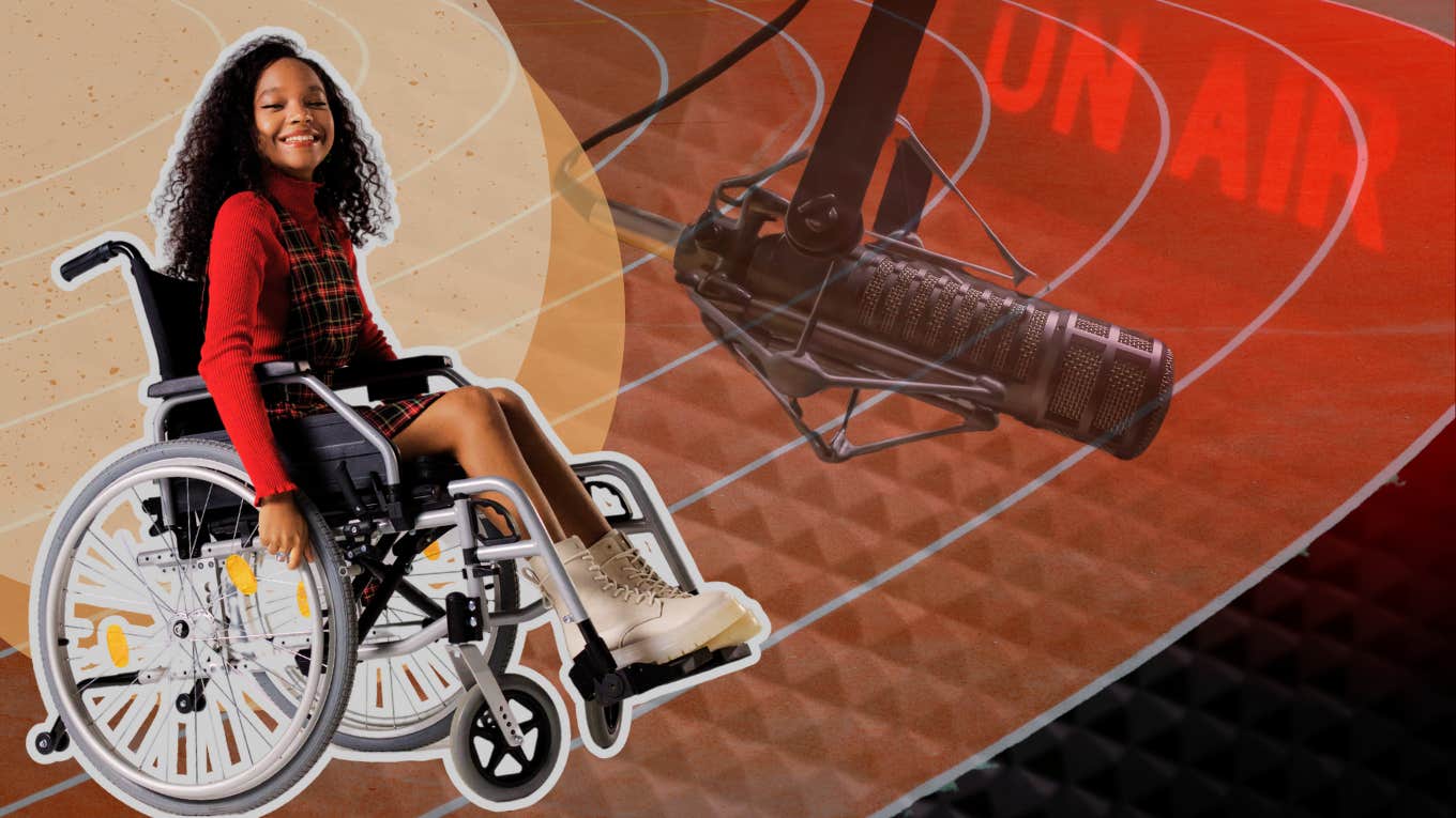 Young girl on school track in wheel chair, radio show