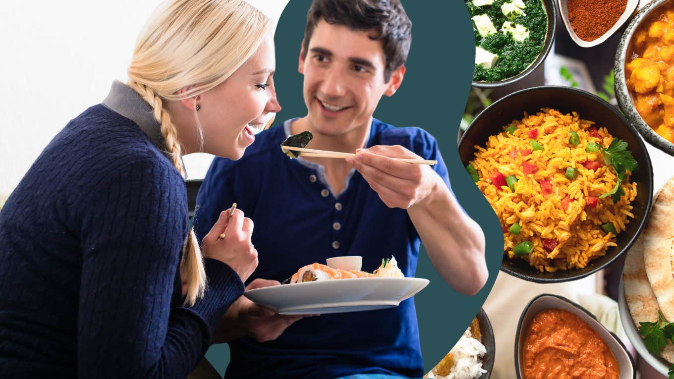 Man sharing food with woman