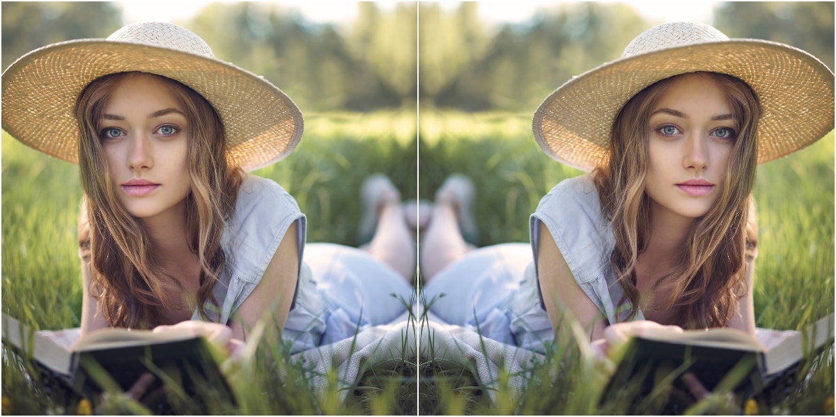 mirrored image of woman reading on the grass