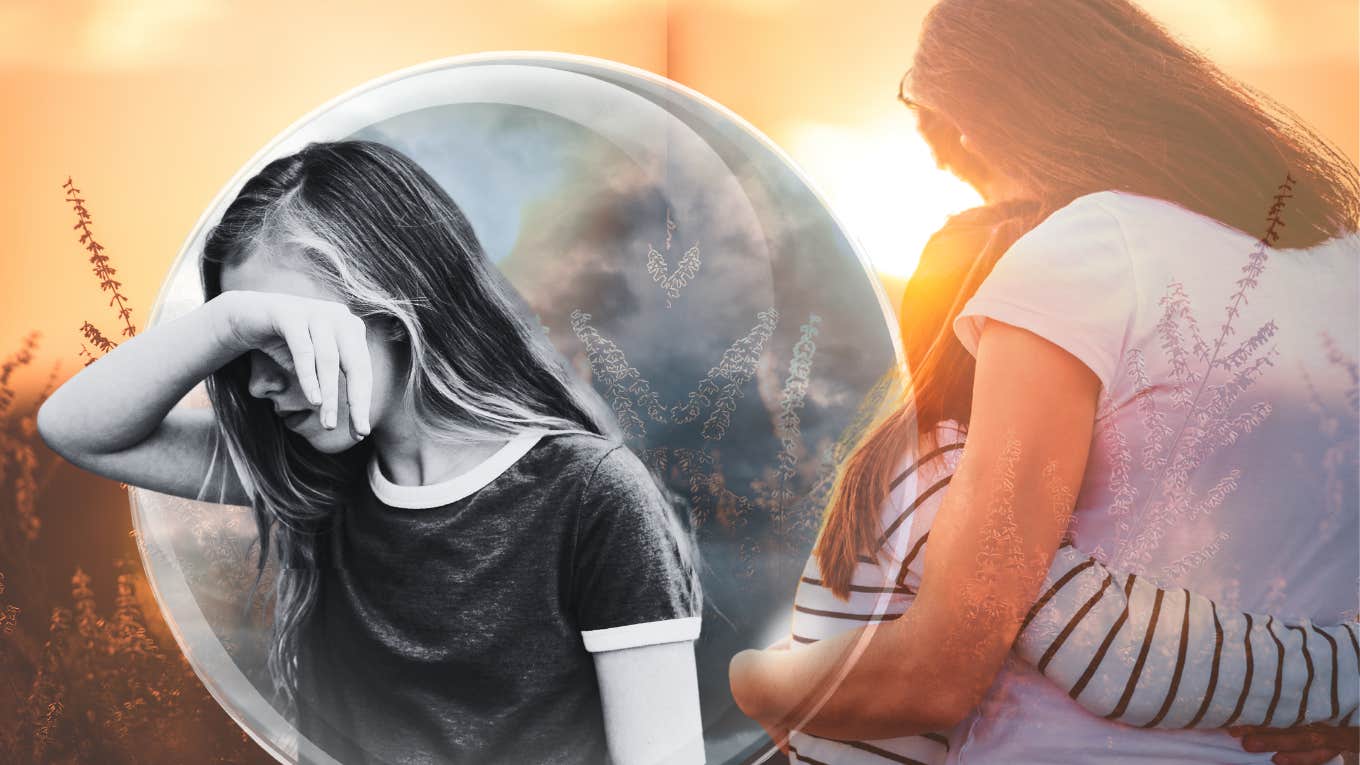 Young child in sadness bubble, mother comforting daughter