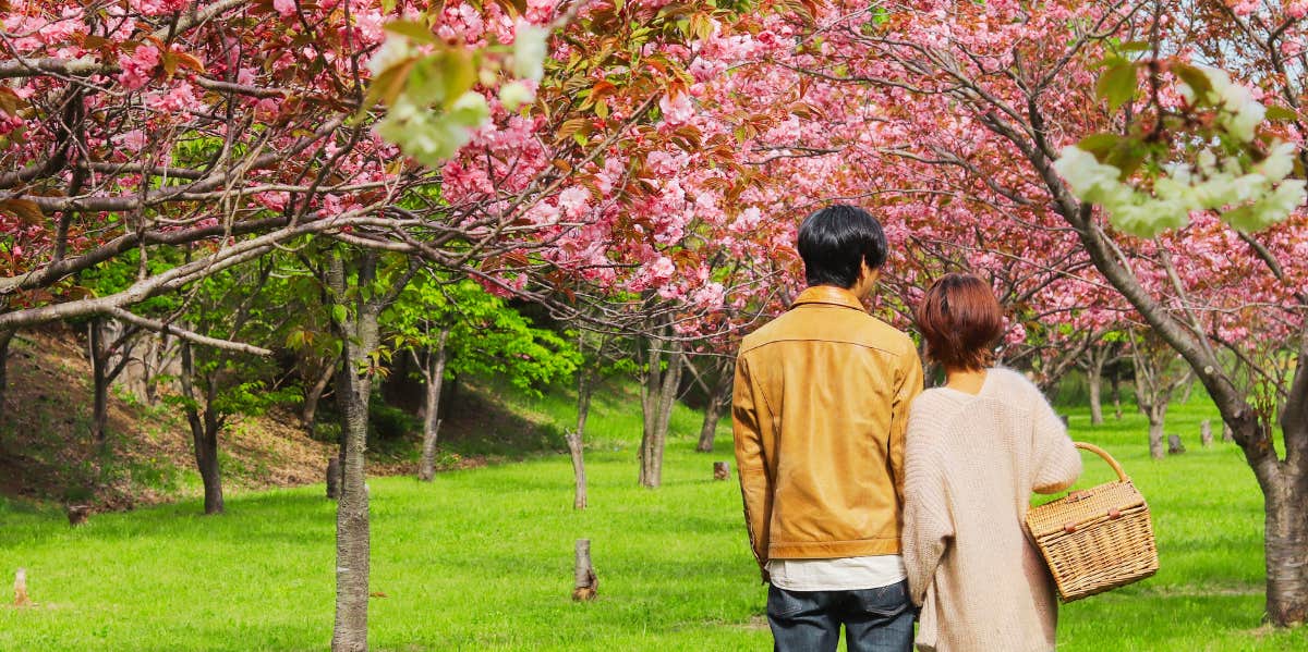 couple in an orchard 