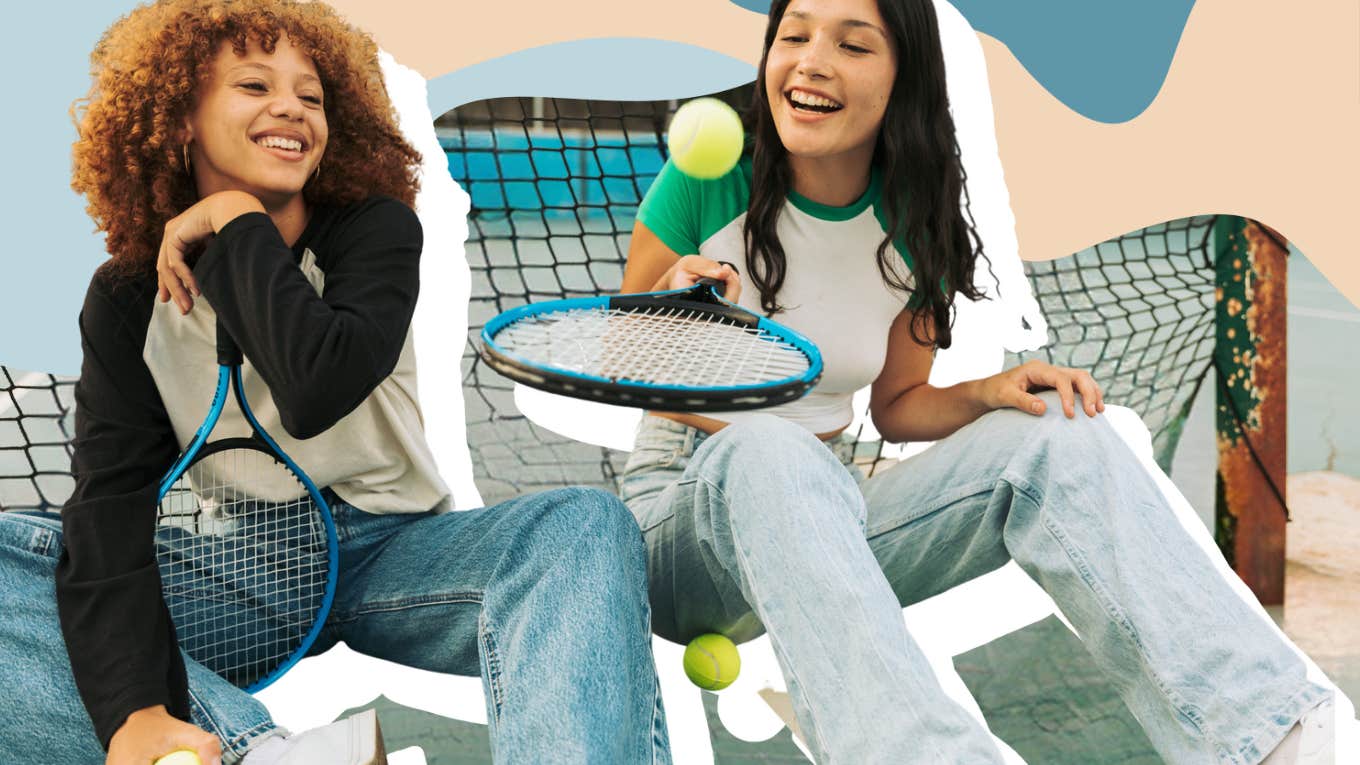 Best friends sitting on tennis court