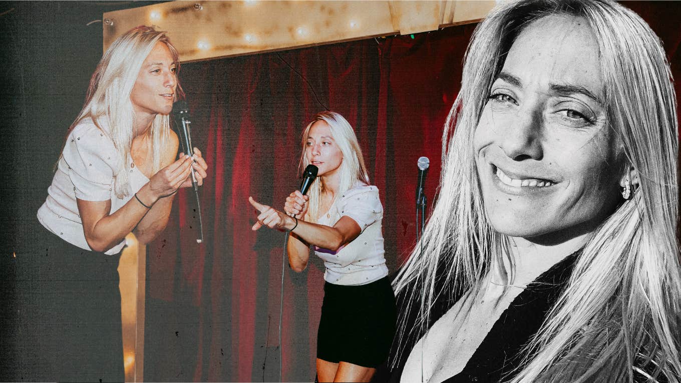 How I Turned My Divorce & ADHD Into A Comedy Career Author in comedy bar, doing stand up
