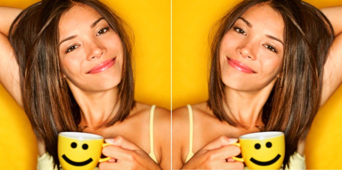 woman smiling coffee cup