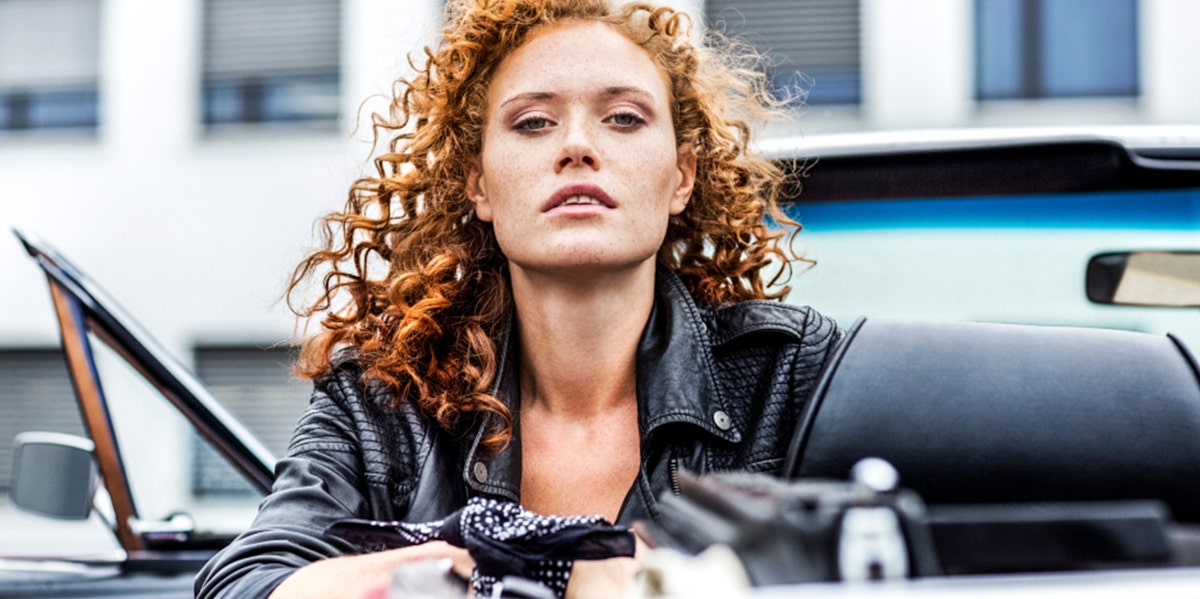 woman in leather jacket