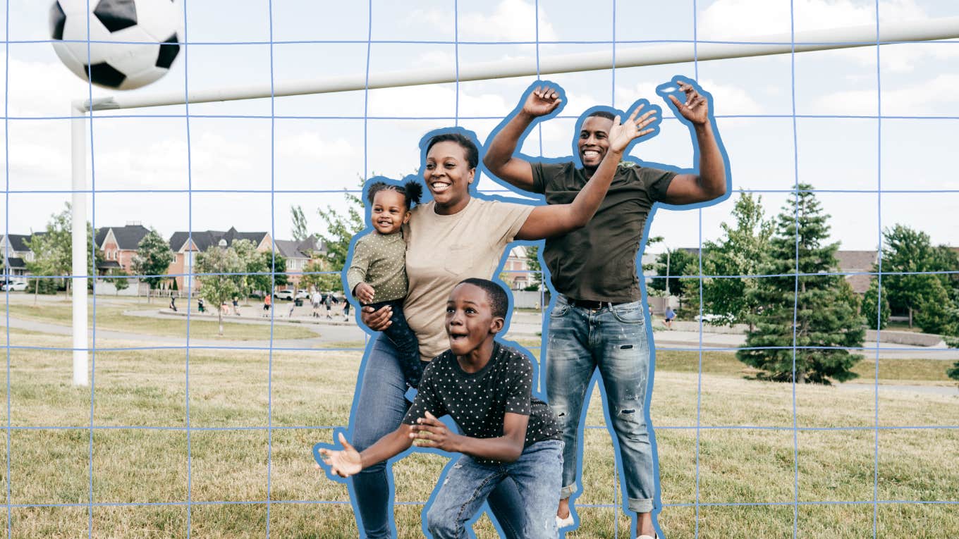 Parents letting go of their anxiety and playing a game of soccer with their kids