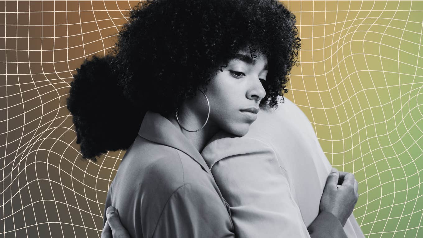 The 3-Step Process That Can Pull Your Marriage Out Of A Tailspin Couple hugging, woman disassociating