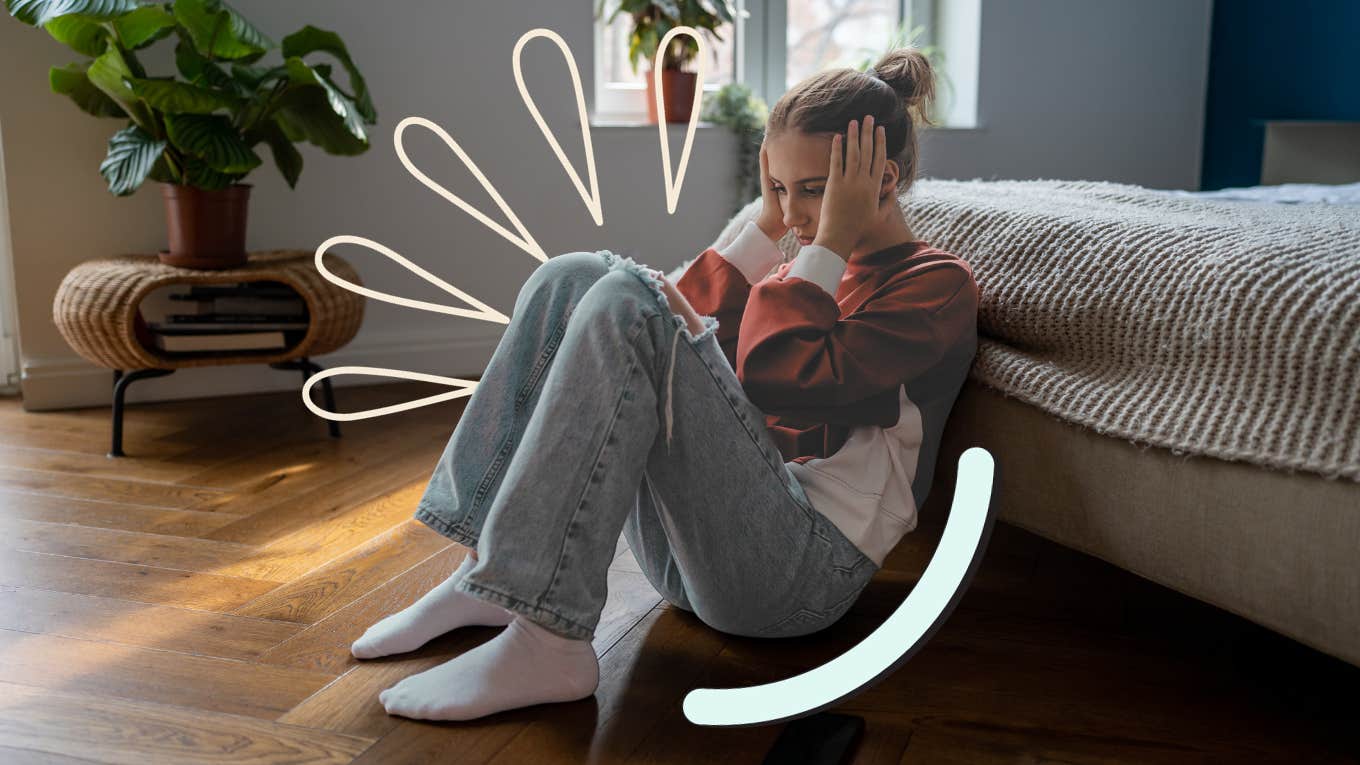 Young girl anxious at the end of her bed