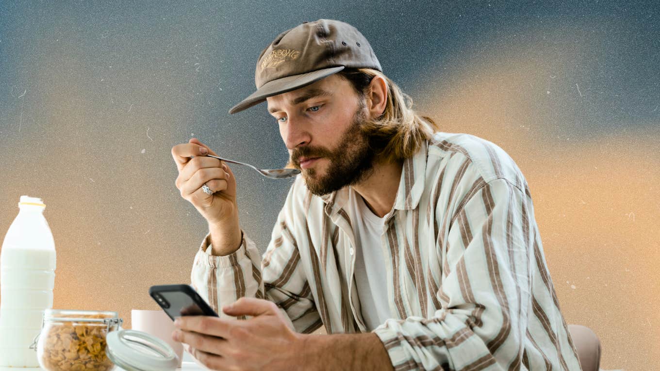 Man stopped mid text while eating 