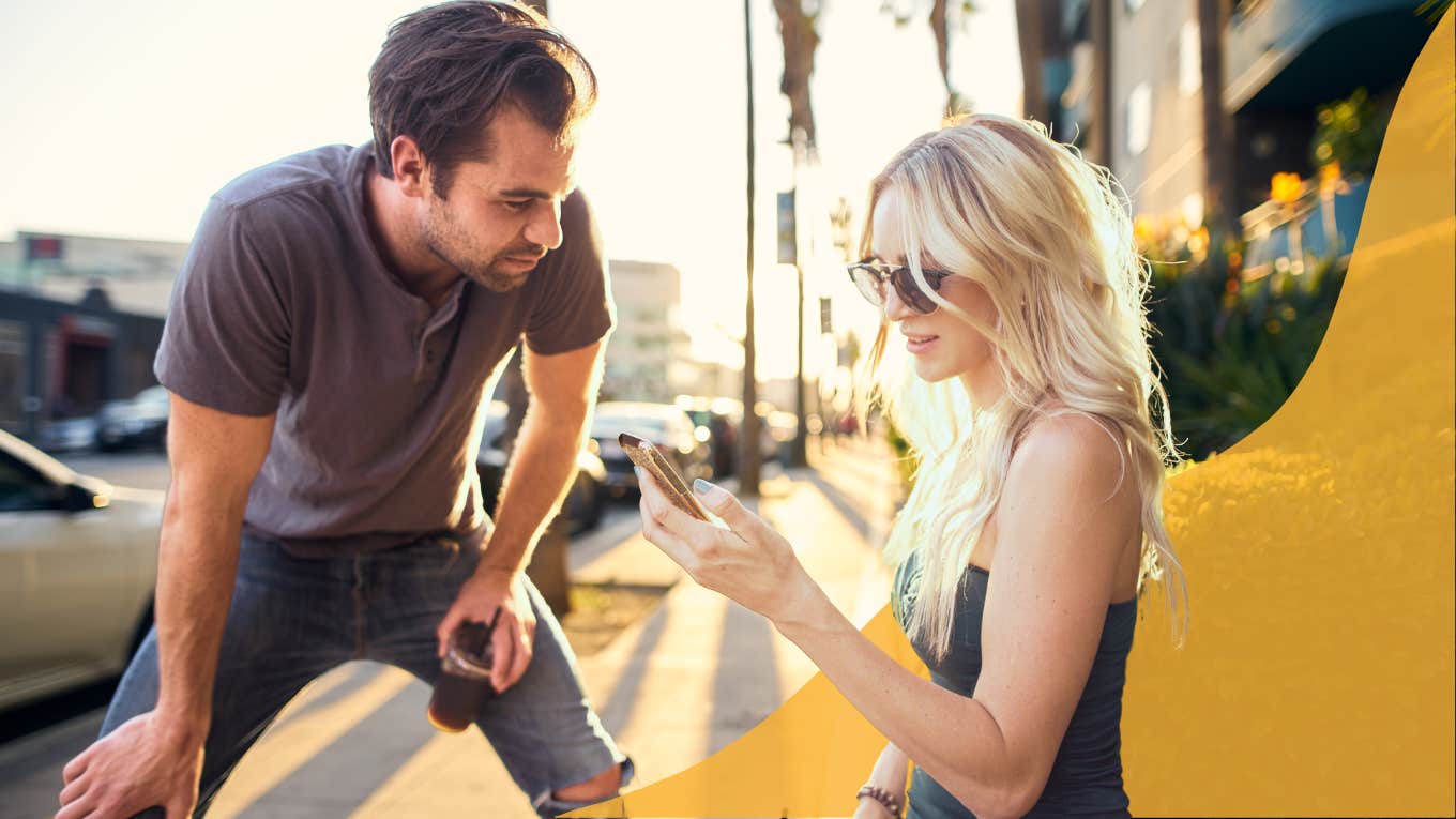 Woman asking random man for help with her phone