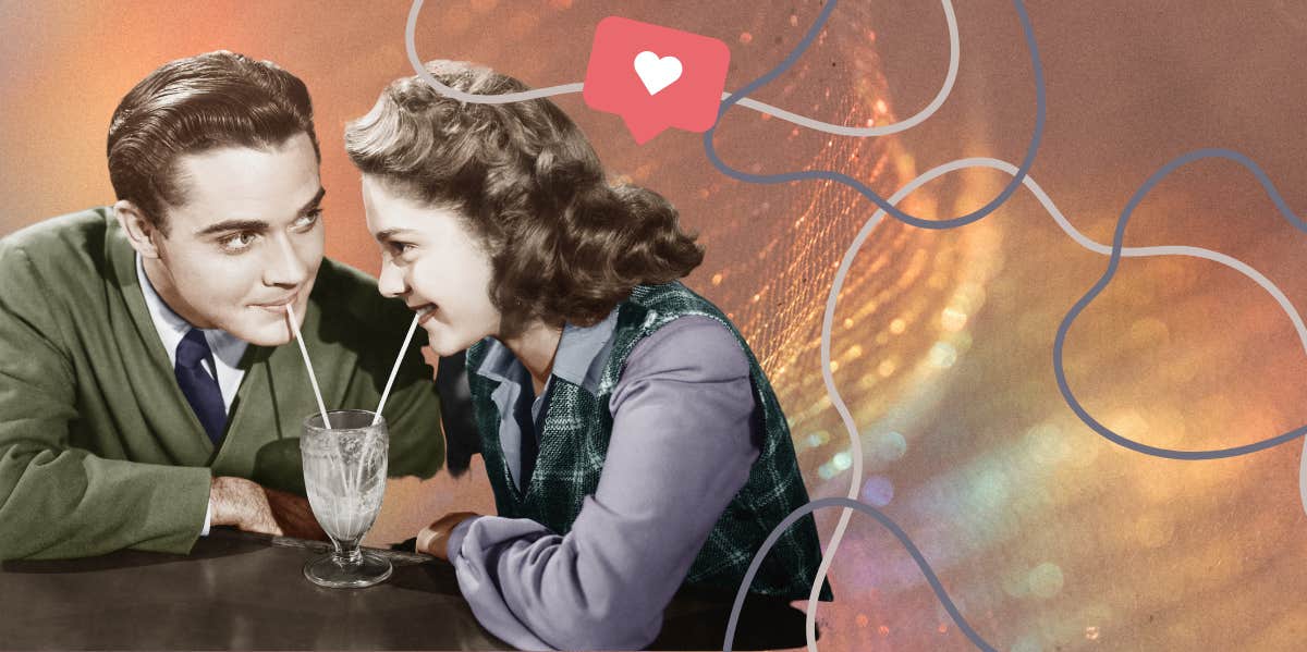 retro couple drinking milkshakes on a date