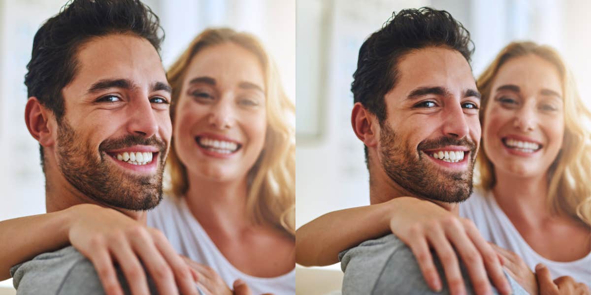 compatible couple sitting next to each other smiling