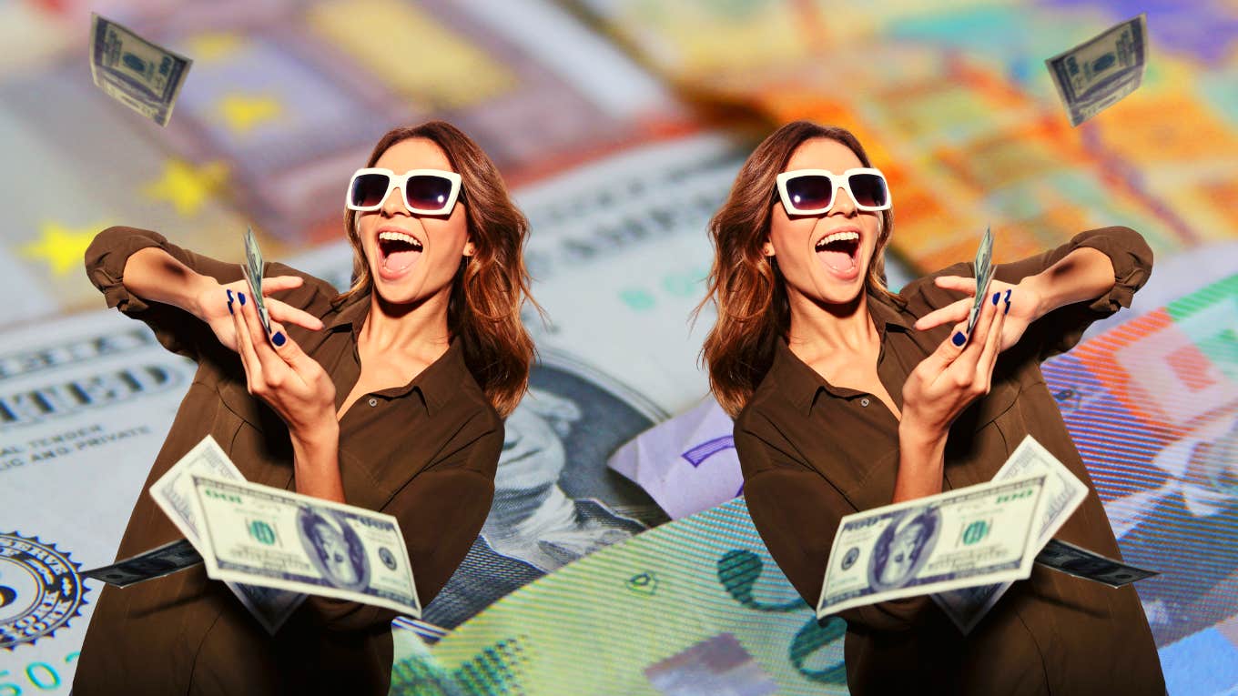 woman in sunglasses throwing out money