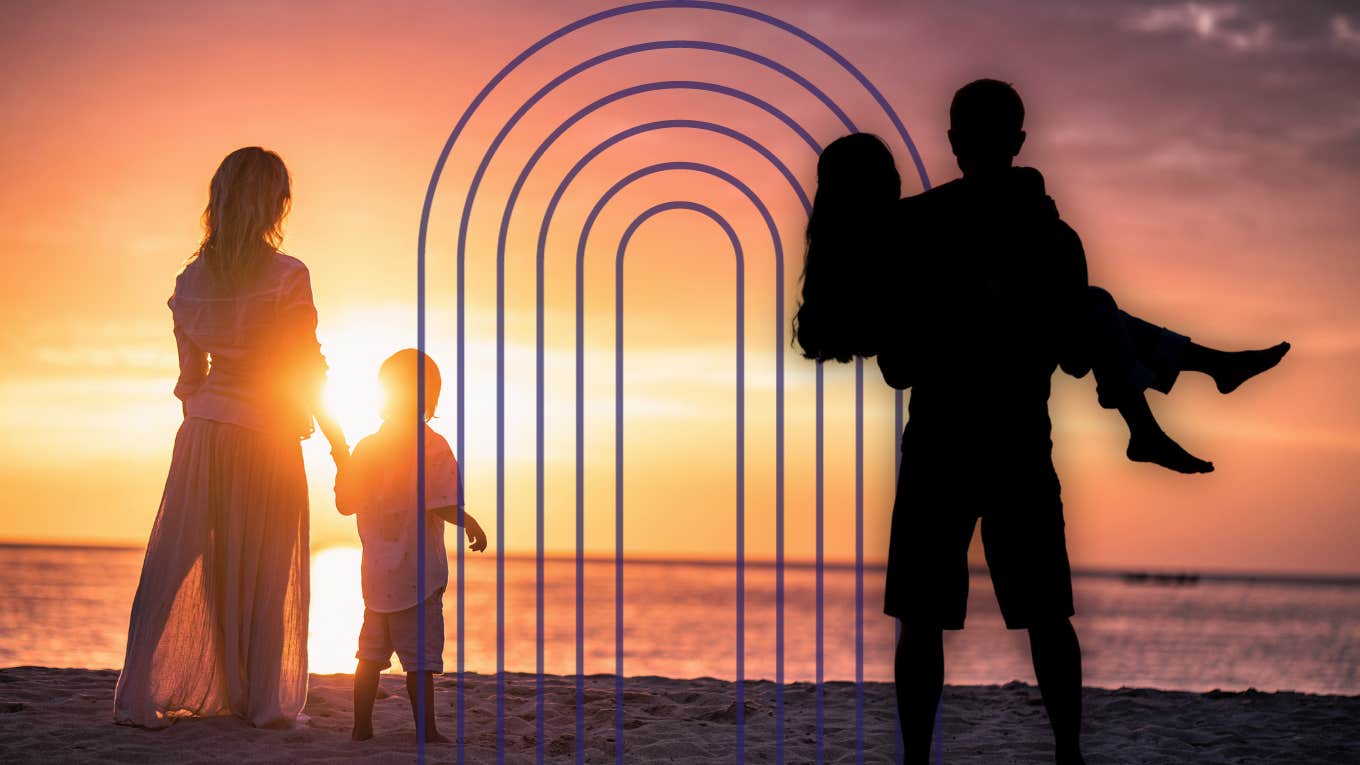 a mom and child looking at the sunset alongside a young couple looking at the sunset