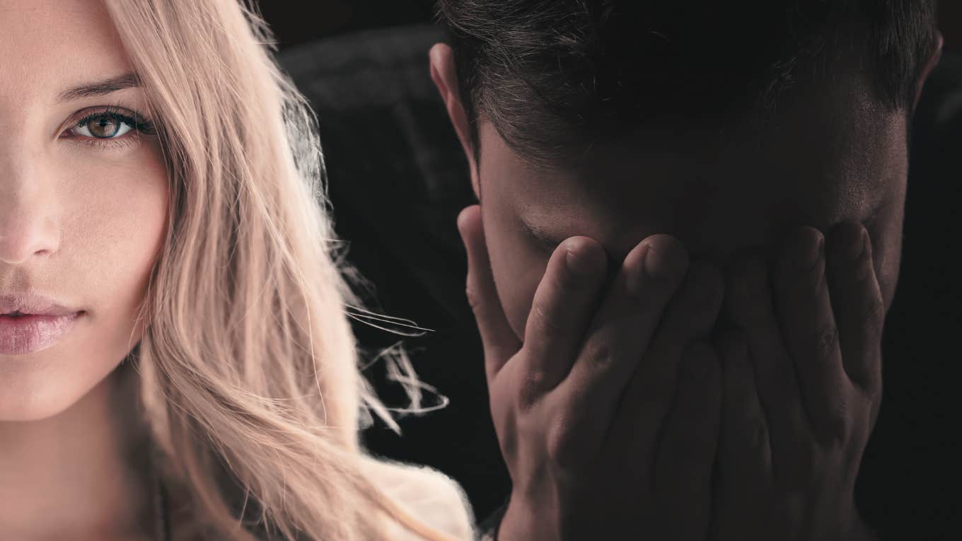 5 Tiny Steps To Decoding The Real Reason He Always Seems Mad At You Woman staring intensely with upset man in background
