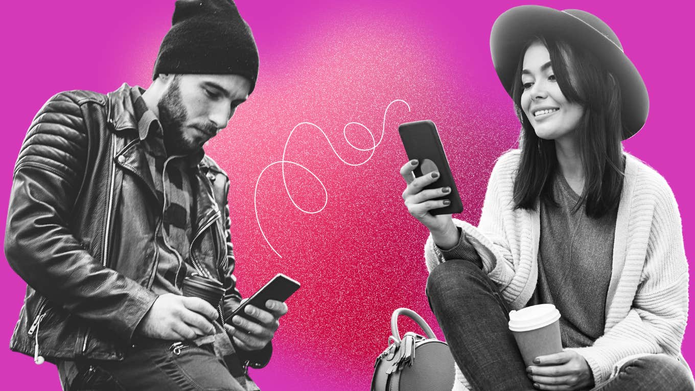 man and woman texting on their phones with pink background