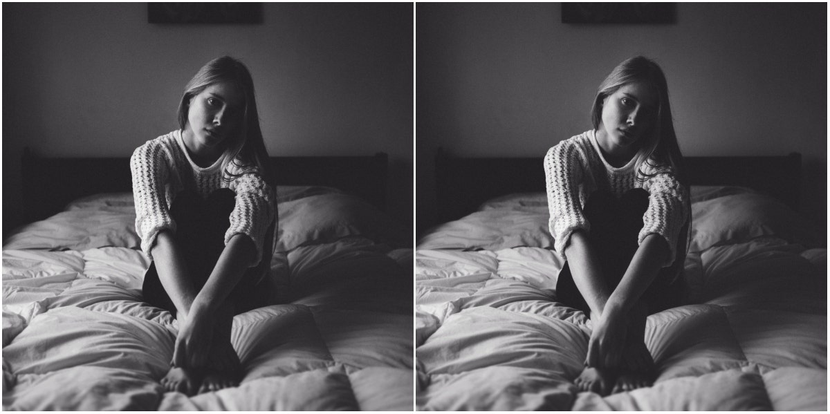 sad woman in black and white
