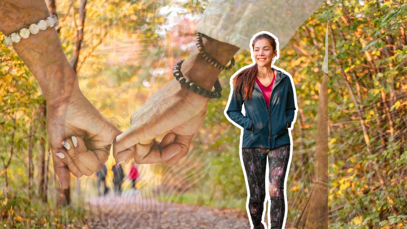 Woman outside walking in nature to clear her head 