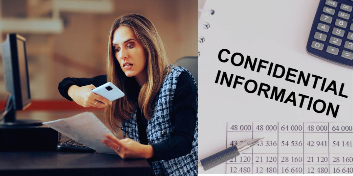 HR Director Considering Firing Her Employee After She Shared Confidential Information woman taking a picture of private file