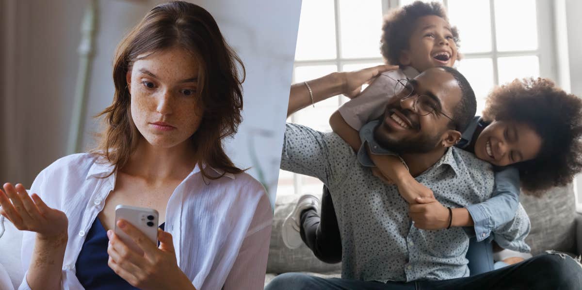 Mom Who Went Out Of Town Is Furious When Husband Calls Her About Feeding The Kids woman annoyed and looking at phone, dad playing with son and daughter