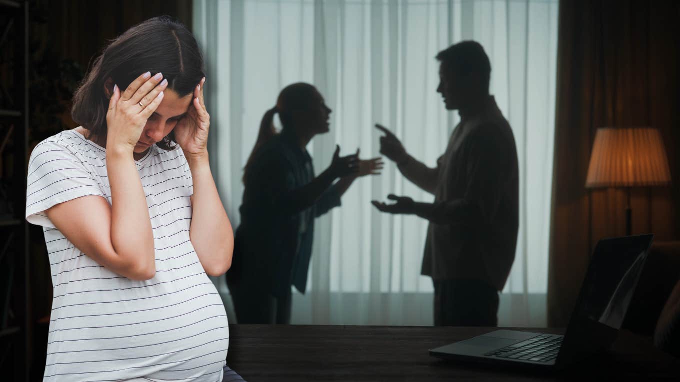 upset pregnant woman and couple arguing