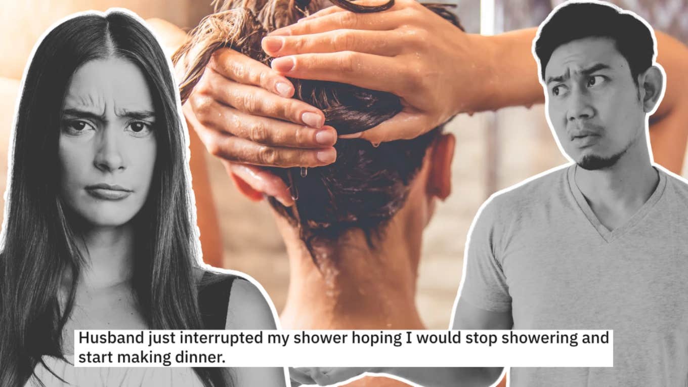 Husband Interrupts Wife's Shower To Ask Her To Make Dinner woman washing hair and upset man and woman