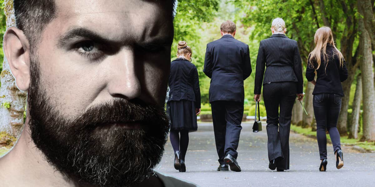 angry man and family walking to funeral