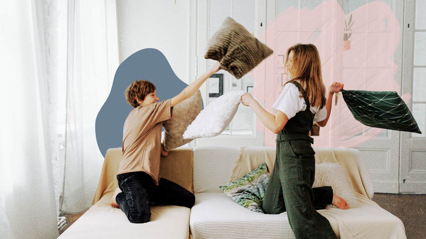 Siblings in a pillow fight