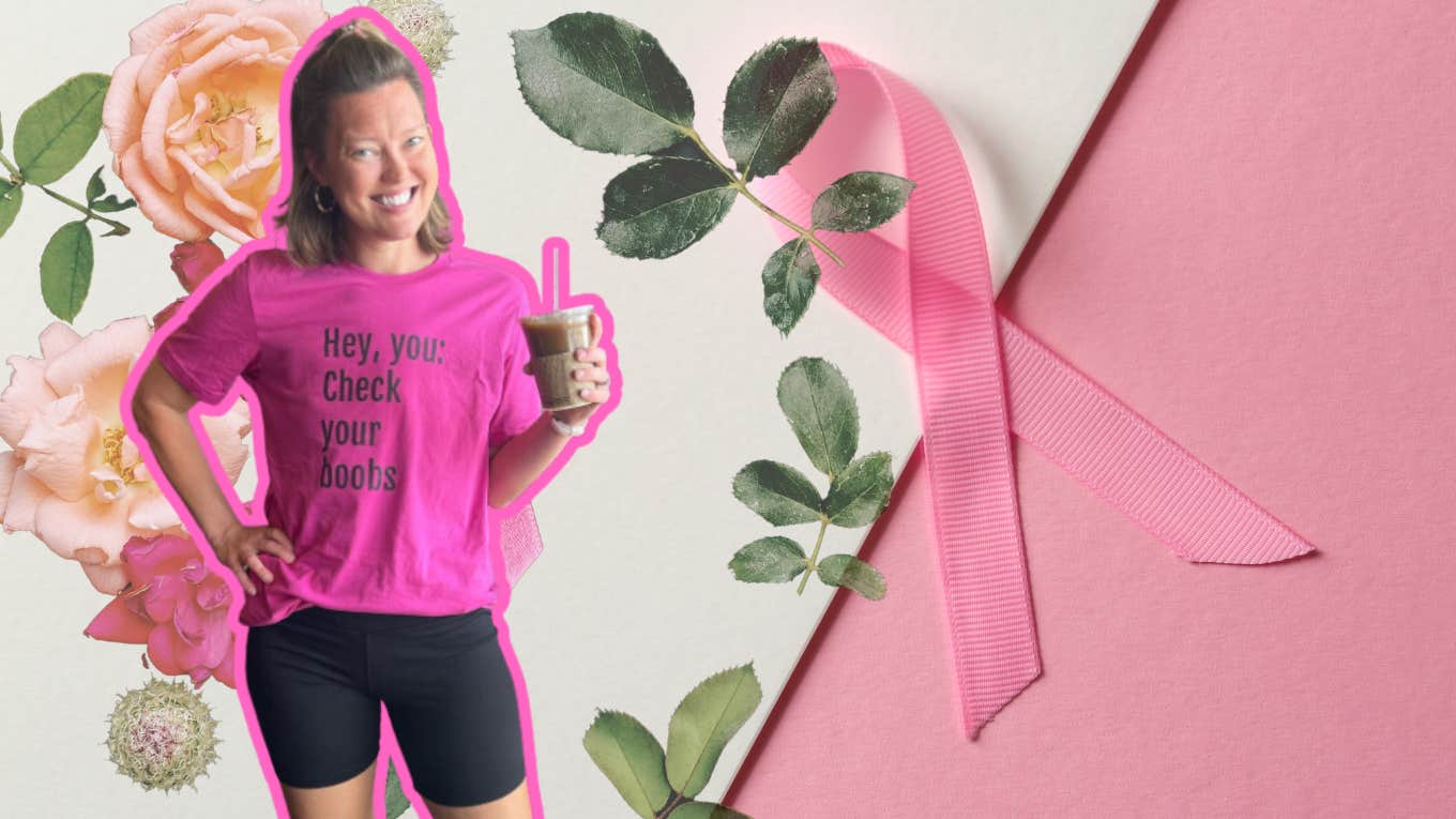 Author with her breast cancer awareness shirts