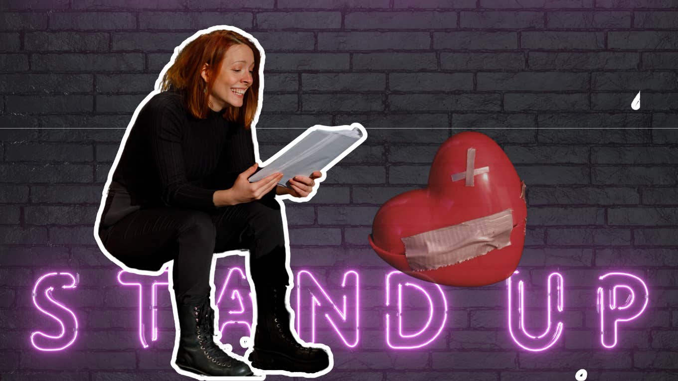 Woman sitting on stand up sign, doing improv