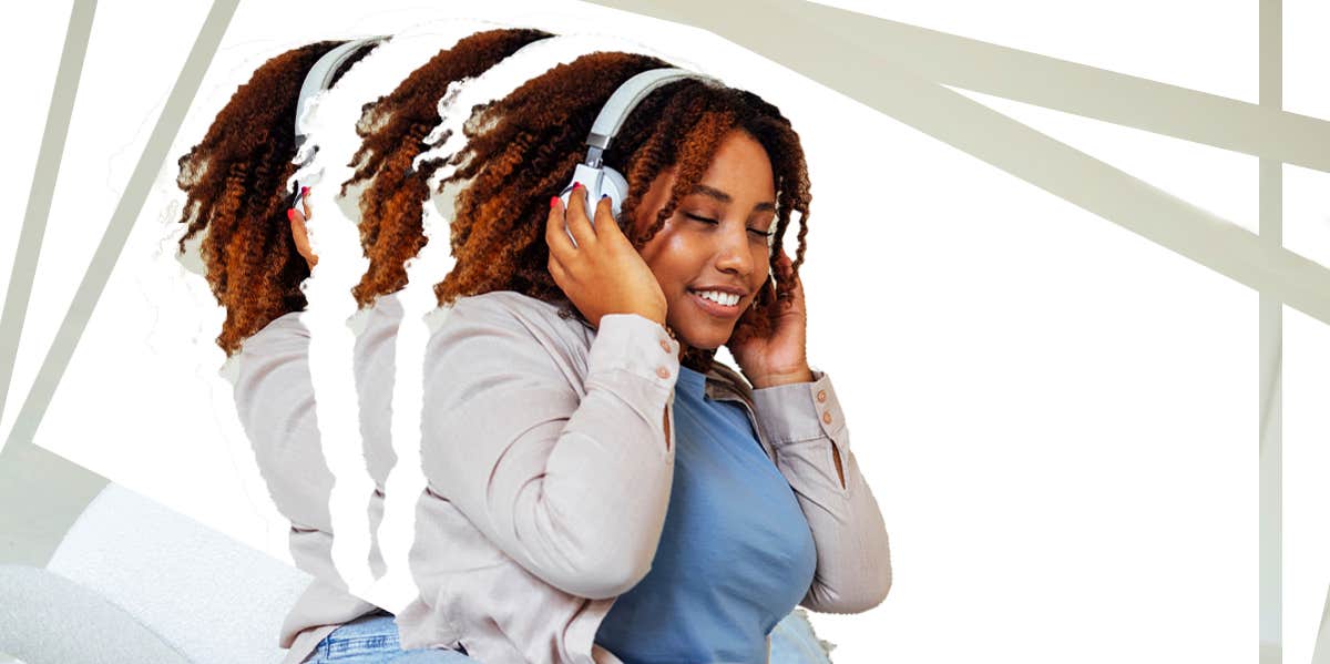 Curvy woman wearing headphones 